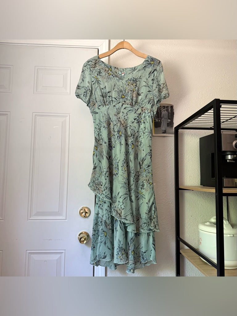 Tianello Mint Teal Blue Green Sheer Floral Rayon Ruffle Short Sleeve Midi Dress